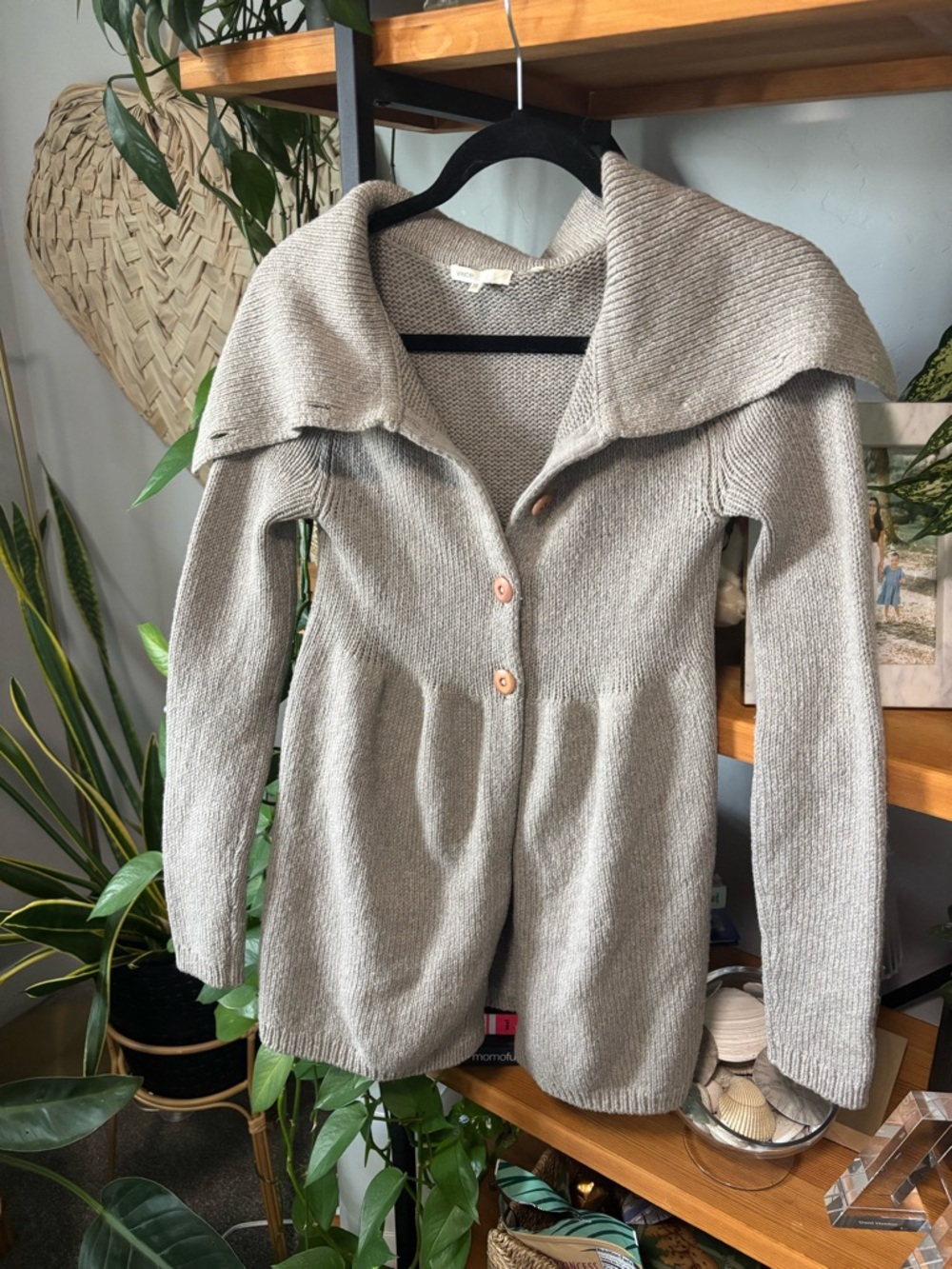 Vince Wool Long Sleeve Rib Knit Collared Button Up Cardigan Beige | Small